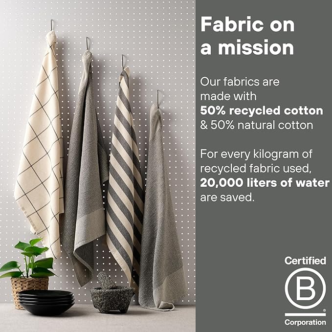 MEEMA Kitchen Towels and Dishcloths Sets of 4 | Large 18 x 28 Inch | Upcycled Cotton Tea Towel | Super Absorbent Cotton Dish Towels for Kitchen | Charcoal Stripes | Hand Towels