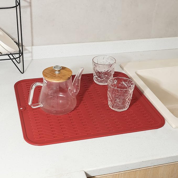 Silicone Dish Drying Mat for Multiple Usage,Easy clean,Eco-friendly,Heat-resistant Silicone Mat for Kitchen Counter or Sink,Refrigerator or Drawer Liner Red 2XL 24 inches x 18 inches