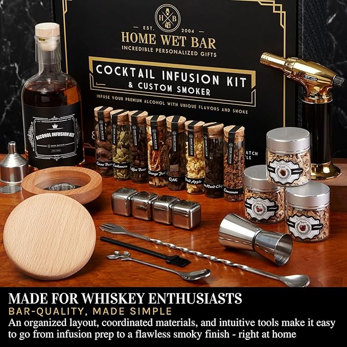 24 pc Whiskey Smoker & Cocktail Infusion Kit with Torch | Ultimate Whiskey Making Set | Smoker Top, Infusion Bottle, 8 Botanicals, Stones & Wood Chips