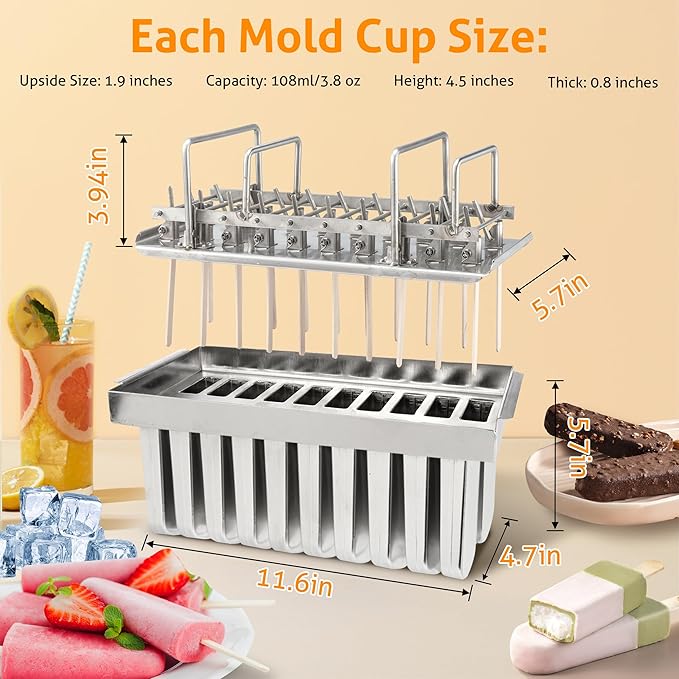 WICHEMI Stainless Steel Popsicle Molds Commercial Ice Pop Molds 20PCS Ice Lolly Popsicle Mould Ice Cream Maker Mold Stick Holder with Lid Single Cup Capacity 108g