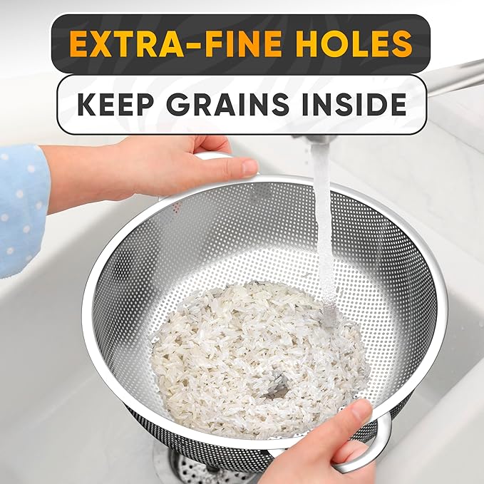 Stainless Steel Colander for Kitchen - 5Qt Rice Strainer With Handles, Perforated Design, Dishwasher Safe, Rust-Resistant - Versatile Pasta Strainer for Grains, Beans, Spaghetti, Veggies, Fruits
