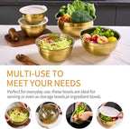 Gold Mixing Bowls with Airtight Lids, Stainless Steel Nesting Mixing Bowls Set of 5, Ideal for Baking, Prepping and Serving Food, Size 5.5, 3.6, 2.7, 2.1, 1.5, QT, Stackable Design