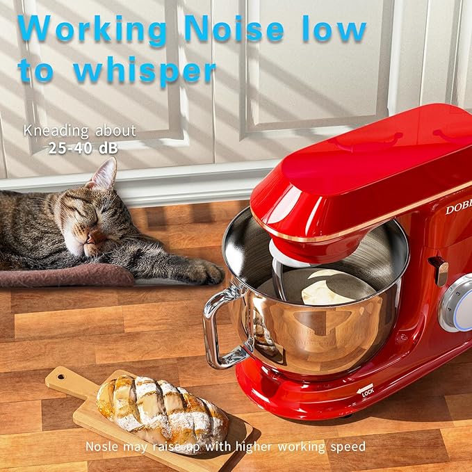 DOBBOR Electric Stand mixer, 9.5QT 660W 7 Speeds Tilt-Head Dough Mixers, Bread Mixer with Dough Hook, Whisk, Beater, Splash Guard for Baking Bread, Cake, Cookie, Pizza, Muffin, Salad and More - Red