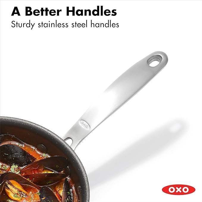 OXO Good Grips Pro 1QT and 2QT Saucepan Pot Set with Lids, 3-Layered German Engineered Nonstick Coating, Stainless Steel Handles, Black