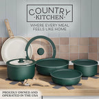 Country Kitchen Cookware Set with Removable Handle, Oven & RV Safe Pots and Pans Set, Sage Wood Handle, Original