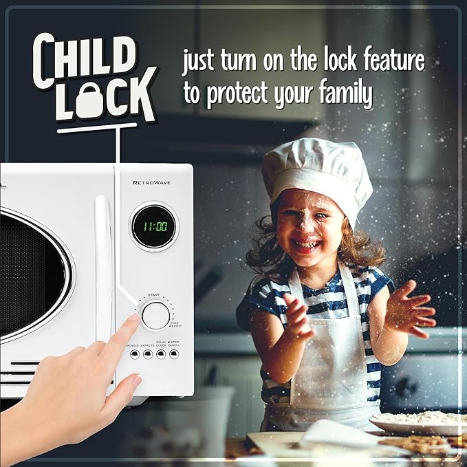 Nostalgia NRMO9WH Microwave Oven, 0.9 Cu. Ft. 800-Watts with LED Digital Display, Child Lock, Easy Clean Interior, White