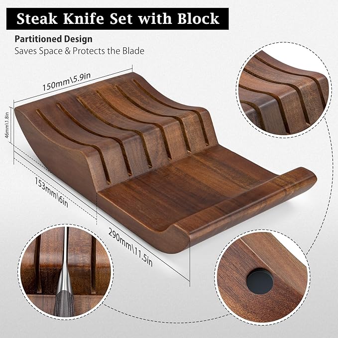 HOSHANHO Steak Knives Set of 7, 4.5 Inch Serrated Steak Knife Set with Block, Japanese High Carbon Steel Kitchen Steak Knives with Ergonomic Handle