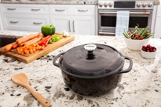 Lodge 6 Quart Enameled Cast Iron Dutch Oven with Lid – Dual Handles – Oven Safe up to 500° F or on Stovetop - Use to Marinate, Cook, Bake, Refrigerate and Serve – Midnight Chrome