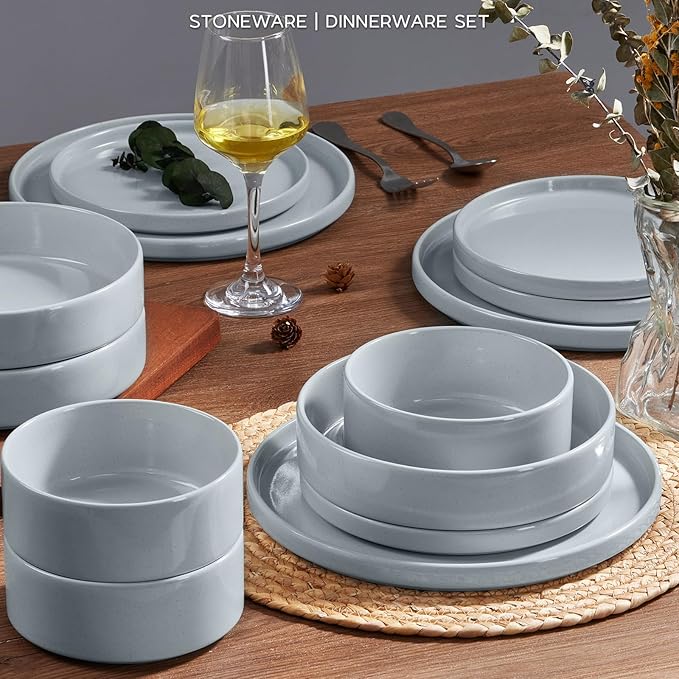 Plates and Bowls Sets, Onader 16 Pieces Stoneware Dinnerware for 4, Kitchen Dinner Dish Set with Pasta Bowl, Ceramic Dishware Dining Ware, Microwave & Dishwasher Safe - Slate Gray