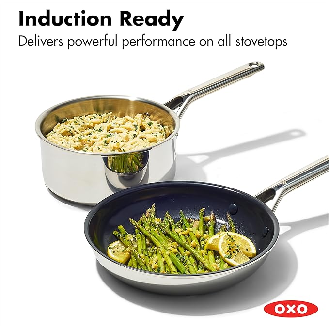 OXO 13 Piece Stainless Steel Cookware Set, Tri-Ply Multiclad Pots & Pans, PFAS-Free Ceramic Nonstick Coated Frying Pans, Induction Compatible, Dishwasher & Oven Safe, Sauce, Stock, Saute, Silver
