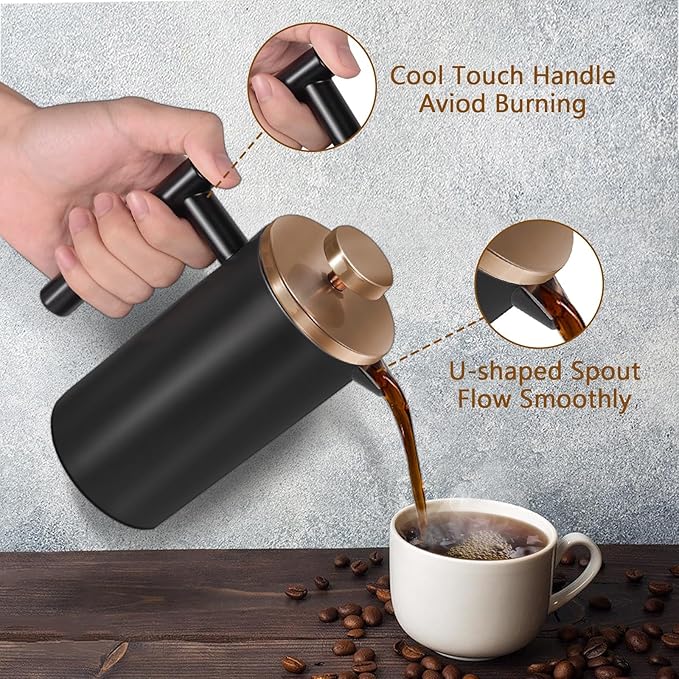 Black Stainless Steel French Press Coffee Maker, Double Wall Insulated French Press,for Coffee&Tea,with 3 Extra Screens and a Coffee Spoon,34oz/1000ml,Gold