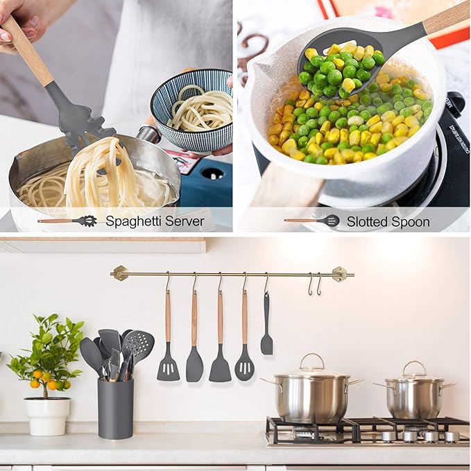 LIANYU 15-Piece Kitchen Silicone Cooking Utensils Set with Holder, Wooden Handle Kitchen Tools Include Spatula Tong Slotted Spoon Turner Whisk Brush, Black Gray