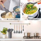 LIANYU 15-Piece Kitchen Silicone Cooking Utensils Set with Holder, Wooden Handle Kitchen Tools Include Spatula Tong Slotted Spoon Turner Whisk Brush, Black Gray