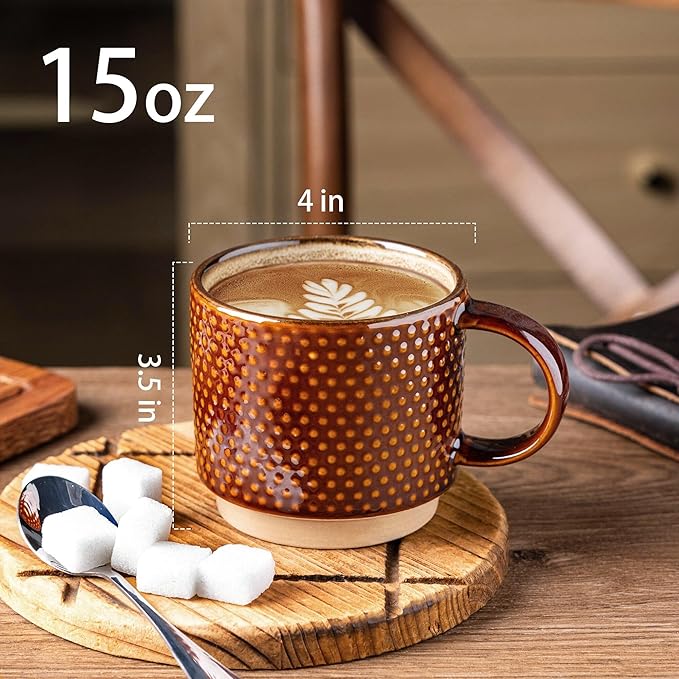 GBHOME 15OZ Stackable Coffee Mugs, Ceramic Coffee Cups with Texture Patterns for Man,Woman,Dad,Mom, Modern Mugs Set of 4 for Latte/Cappuccino/Cocoa. Dishwasher&Microwave Safe, Caramel