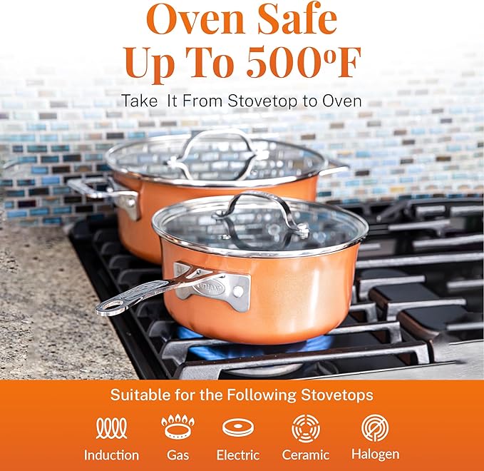 GOTHAM STEEL 10 Pc Copper Pots and Pans Set Non Stick Cookware Sets with Kitchen Utensils, Induction Ready, Non Toxic PFOA PFOS Free, Nesting Design for 50% Space Saving, Oven and Dishwasher Safe