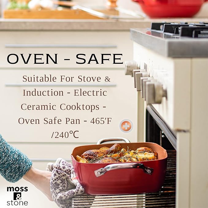 Moss & Stone 5 Pcs Red Copper Chef Cookware Non Stick Deep Frying Pan, Fry Basket, Steamer Rack, Dishwasher & Oven Safe, 5 Qt Deep Square Pan, Induction Copper Cookware Set - 9.5" x 3.5"