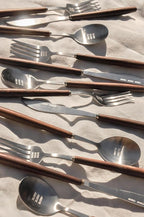 Fun Lightweight Stainless Steel Flatware Set with Walnut (4 Sets, NOM CHOP SLURP)
