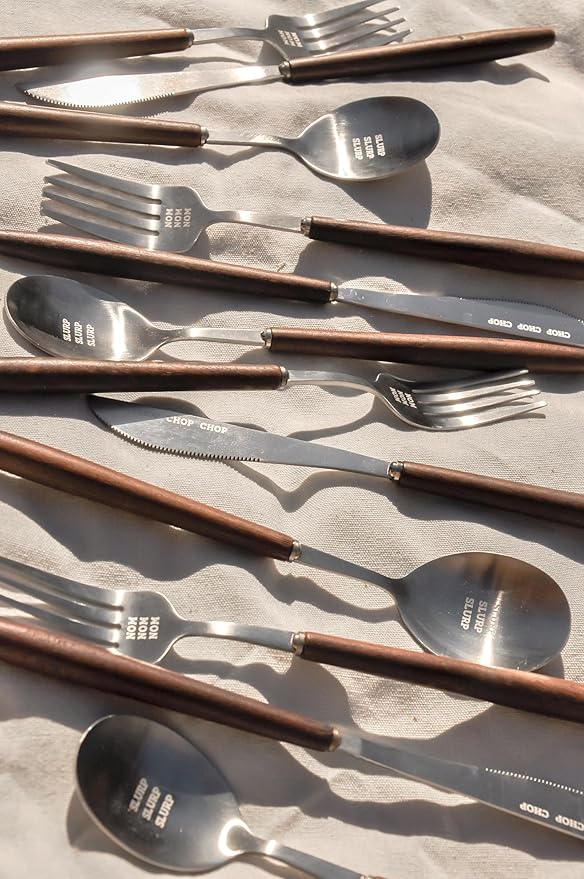 Fun Lightweight Stainless Steel Flatware Set with Walnut (1 Set, NOM CHOP SLURP)