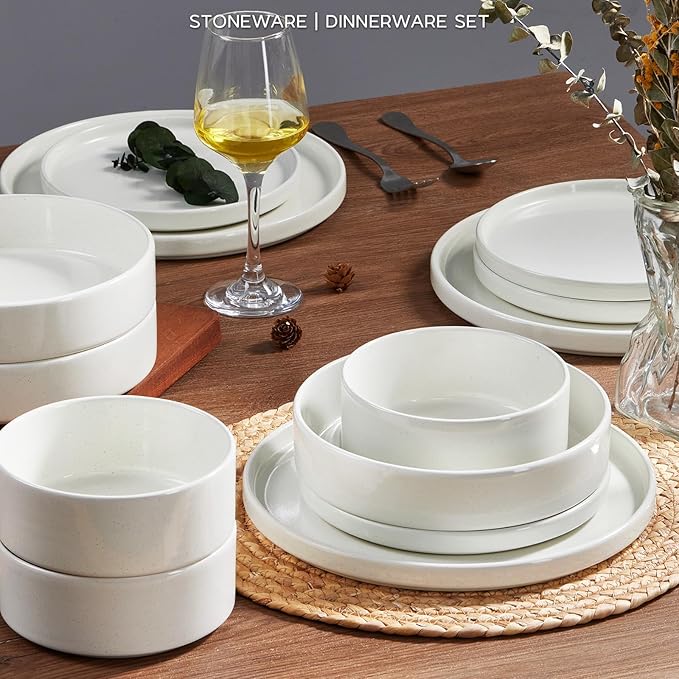Stoneware Dinnerware Sets for 4 with Pasta Bowl, Onader 16 Piece Plates and Bowls Dish Set, Speckled Kitchen Dishware Dining Ware, Microwave & Dishwasher Safe - Cloud White