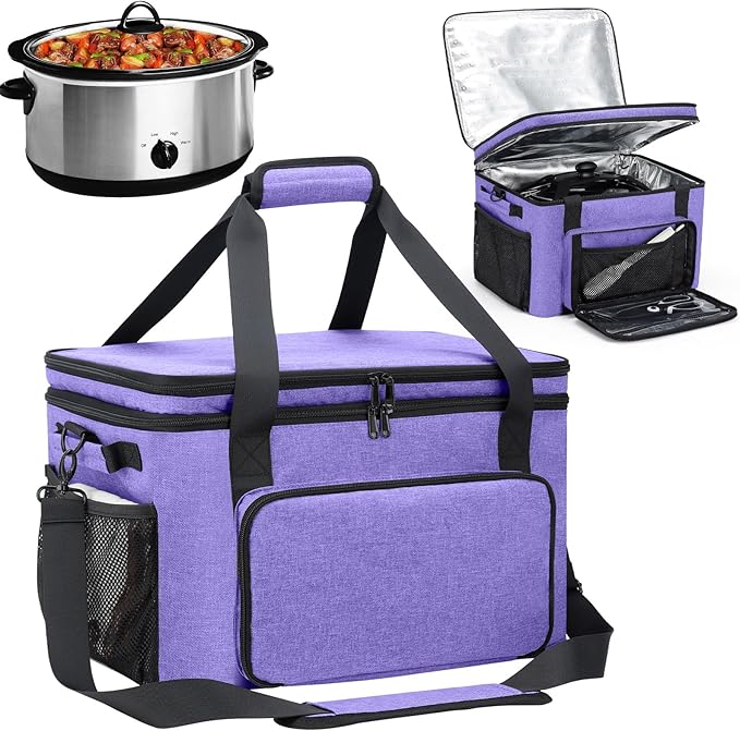 Slow Cooker Carrying Bag, Double Layer Insulated Design Slow Cooker Carrier with Removable Hard Liner and Pot Lid Fastener Fit for 6-8 Quart Crock Pot, Purple