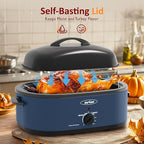 Sunvivi 20-Quart Roaster Oven with Self-Basting Lid, Electric Turkey Roaster Oven with Removable Pan and Rack, Stainless Steel, Blue