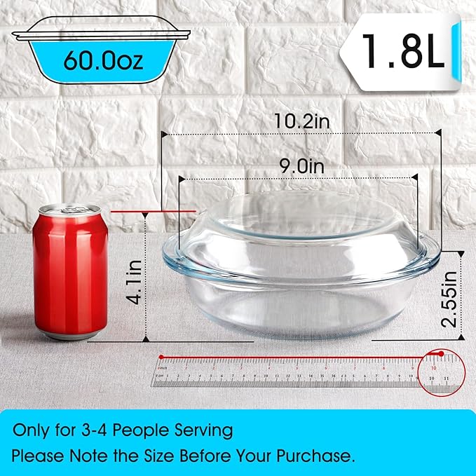 Mini-9 inch (60 OZ) Round Glass Casserole Dish With Lid, Round Oven Safe Glass Bakeware with Handles （1.9 QT）