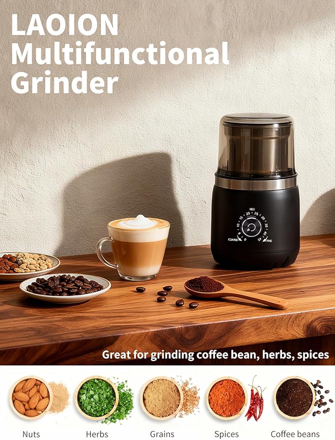 Electric Coffee Grinder with Silent Grinding Blades & Timer Knob to Adjustable Coarse to Fine, Espresso Grinder with Removable Stainless Steel Bowl for Coffee Bean, Herb, Spices, Seeds (Black)