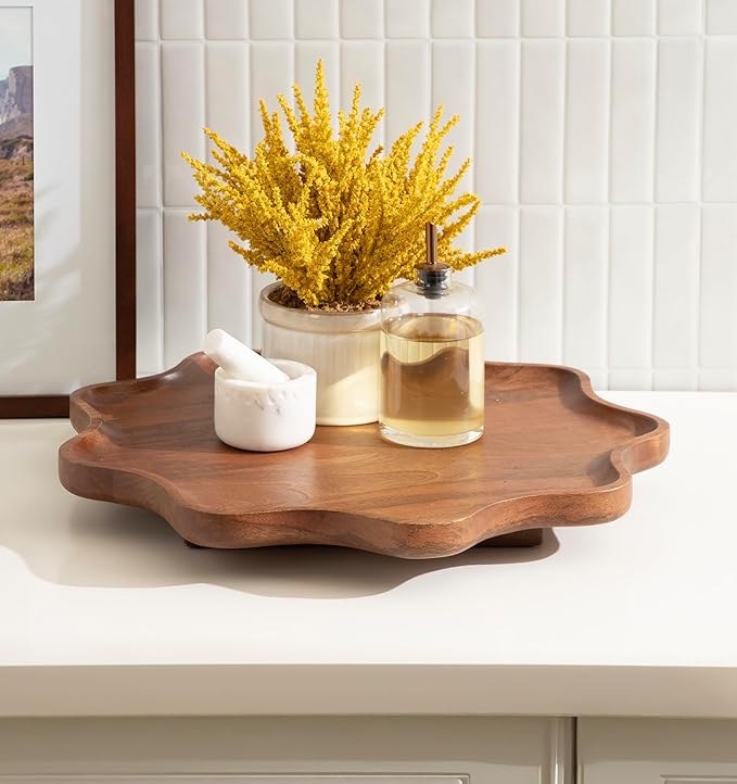 Kate and Laurel Alezar Mango Wood Wavy Round Lazy Susan Tray, 18 Inch Diameter, Walnut Brown, Scalloped Wooden Countertop Organizer with Turning Lazy Susan for Kitchen Storage or Ottoman Tray