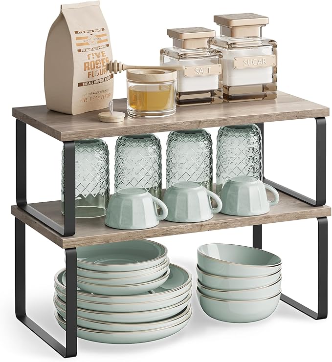 SONGMICS Cabinet Organizer Shelf, Set of 4 Kitchen Counter Shelves, Kitchen Storage, Spice Rack, Stackable, Expandable, Metal and Engineered Wood, Ink Black and Heather Greige UKCS022X02