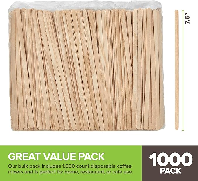 1000 Count Wooden Coffee Stir Sticks, Bulk Wood Stirrers for Coffee and Tea, Disposable Drink Stirrers for Hot Drinks, 7.5 Inch Wooden Coffee Stirrers for Home, No Plastic Stir Sticks