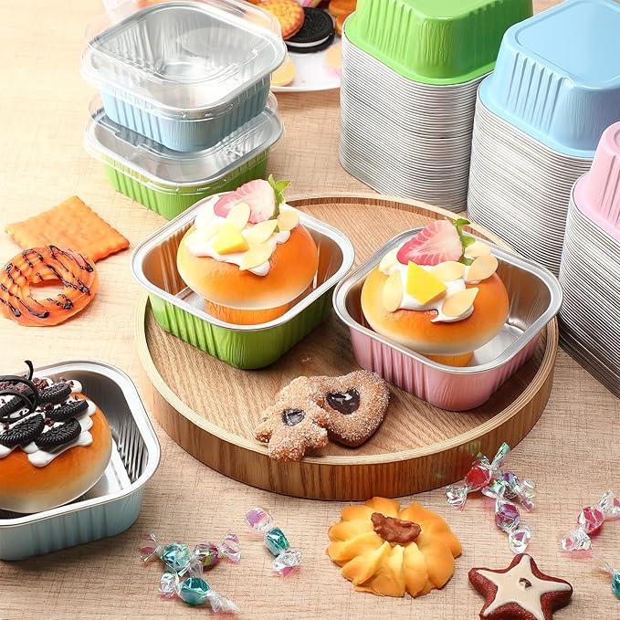 Aoriher 150 Pieces 10 oz Mini Cake Pans with Lids Aluminum Foil Baking Cups Square Disposable 4" x 4" Large Cupcake Cups Baking Tins for Kitchen Brownie Pudding Desserts Holders(Pink Blue Green)