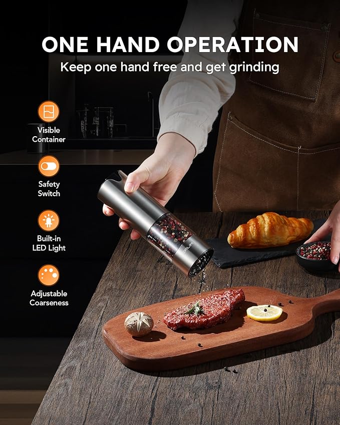 FORLIM Electric Salt and Pepper Grinder Set, USB Rechargeable, Automatic Salt Pepper Mill Grinder with Dust Cover, One-Button Control, Adjustable Coarseness, Warm LED Light (2 Packs, Stainless Steel)