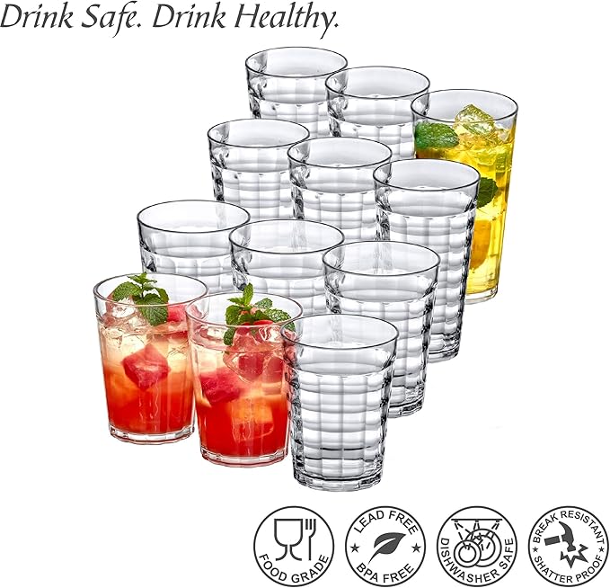 Amazing Abby - Ice Cube - 16-Ounce and 20-Ounce Plastic Tumblers (Set of 12), Plastic Drinking Glasses, All-Clear Reusable Cups, Stackable, BPA-Free, Shatter-Proof, Dishwasher-Safe