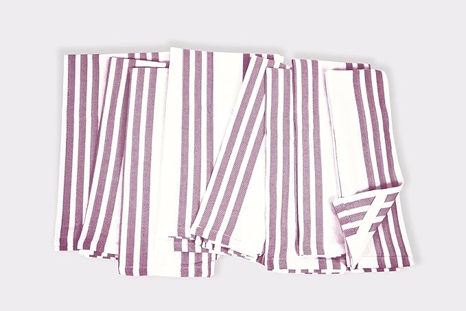 Realm 15" x 25" 100% Cotton Classic Kitchen Dish Towel (12 Pack) | Cuisine Stripe Eggplant Purple | Super Absorbent Machine Washable Tea Towels with Hanging Loop