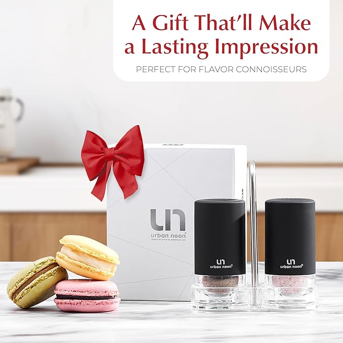 Black Salt and Pepper Shakers with Holder - Elegant Stainless Steel Salt Shaker and Pepper Shaker Set with Acrylic Holder for Kitchen Counter or Restaurant Table