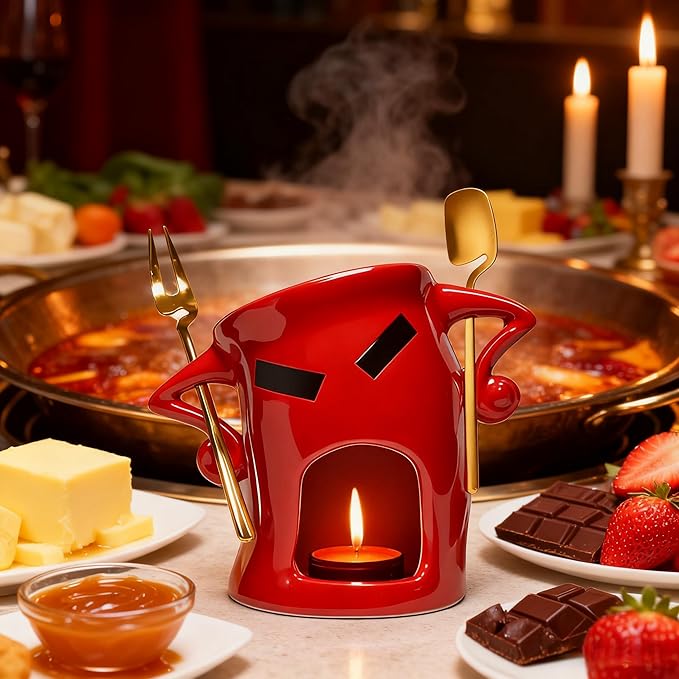 Ceramic Fondue Cup Set w/Built-In Fork & Spoon - Mini Chocolate/Cheese Fondue Mug | Microwave & Dishwasher Safe | Compact Gift-Ready (Red)