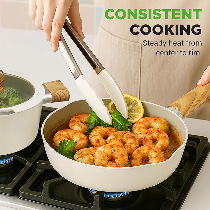 NutriChef 14-Piece pots and pans Set Ceramic Cookware Set - Induction Safe Pots and Pans with Glass Lids, Cool-Touch Handles, Dishwasher Safe, Includes Ladle, Tongs, Spatula, White