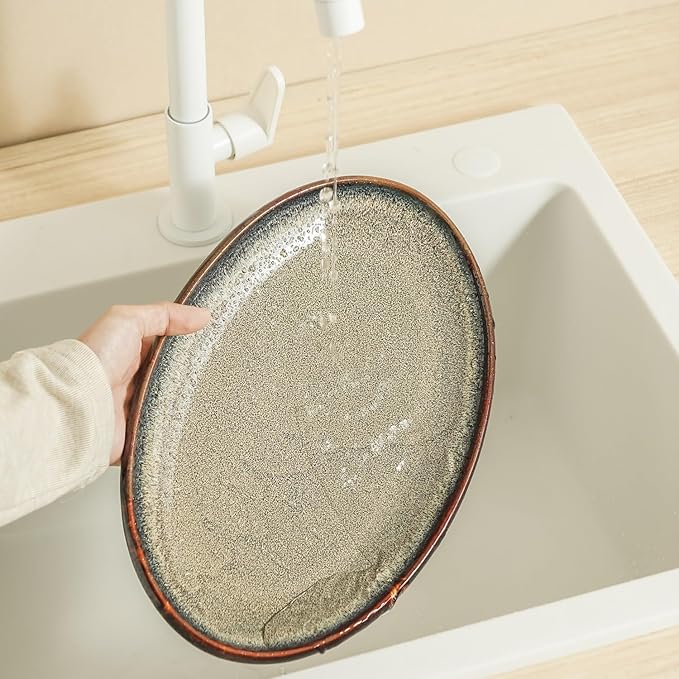 Ceramic Large Serving Platters- Set of 3 Oval Platters for Entertaining. Modern Kitchen Dishes for Dinner, Fruit, Salad, Turkey, etc. Oven, Dishwasher Safe, 15.75" / 13.75" /12",Caramel Brown