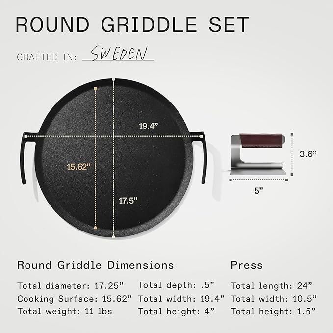 Made In Cookware - Seasoned 17" Round Carbon Steel Griddle + Grill Press - (Like Cast Iron, but Better) - Professional Cookware - Crafted in Sweden - Induction Compatible