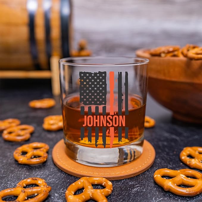 Blue Ridge Mountain Gifts - Thin Orange Line Whiskey Glass - Personalized Search and Rescue Glass, SAR Appreciation, Rescue Workers Gift, Custom Correction Officer Barware, EMS Support Glassware