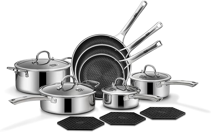SNOWCLAD Pots and Pans Set Non Stick, 14 Pcs Hybrid Stainless Steel Cookware Sets, Non Stick Frying Pans, Saucepans, Saute Pan & Stock Pot, PFOA Free Kitchen Skillet,Induction Compatible