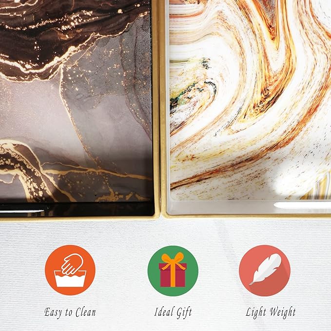 Black Marbling Decorative Tray with Handles, Morden Plastic Rectangular Serving Tray for Coffee Table Bathroom, Ottoman, Home Decor, 15.7"* 10.2"* 1.38"