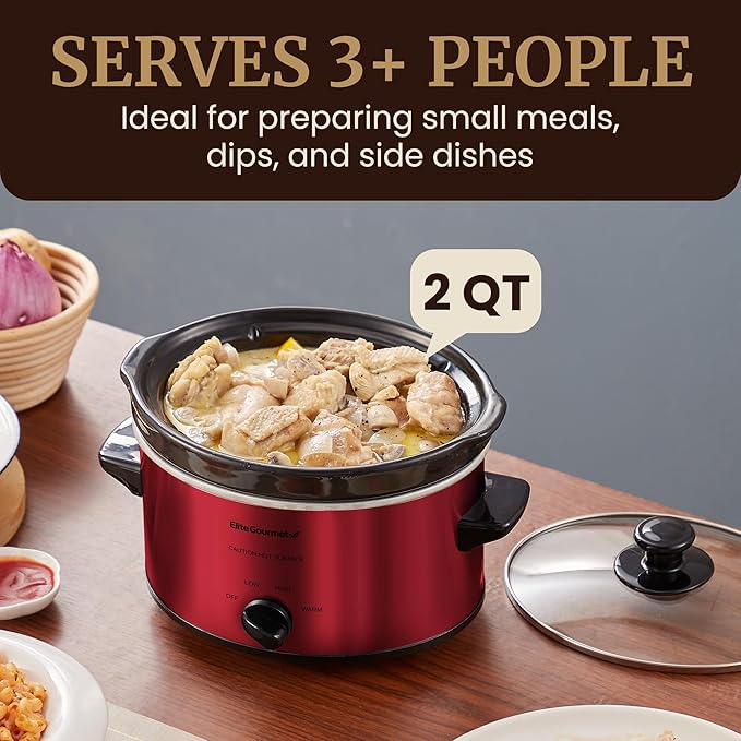 Elite Gourmet MST-275XR Electric Oval Slow Cooker, Adjustable Temp, Entrees, Sauces, Stews & Dips, Dishwasher Safe Glass Lid & Crock (2 Quart, Metallic Red)