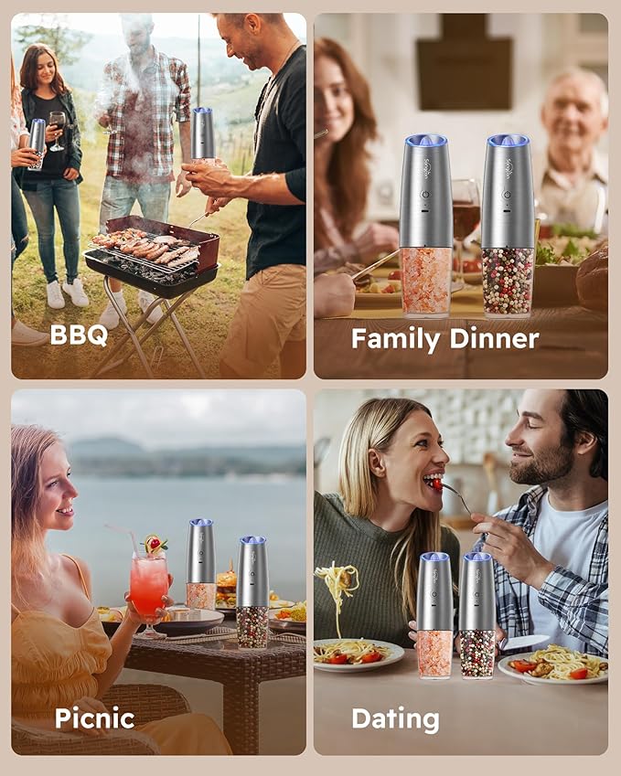Sangcon Gravity Electric Salt and Pepper Grinder Set RECHARGEABLE Automatic Salt Pepper Shakers USB-C No Battery Needed - LED Light One Hand Operation, Adjustable Coarseness Pepper Mill Set