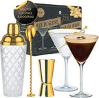 VEMACITY - Luxury Cocktail Shaker Set - Gold Glass Cocktail Shaker with Built-In Strainer, 2 Ribbed Espresso Martini Glasses with Gold Rims, Bar Spoon & Jigger - Gift Sets, Wedding Gift