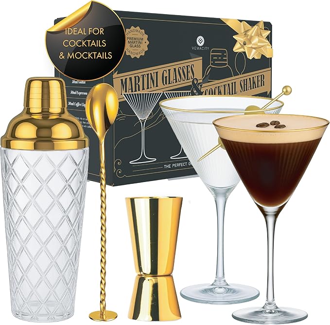 VEMACITY - Luxury Cocktail Shaker Set - Gold Glass Cocktail Shaker with Built-In Strainer, 2 Ribbed Espresso Martini Glasses with Gold Rims, Bar Spoon & Jigger - Gift Sets, Wedding Gift