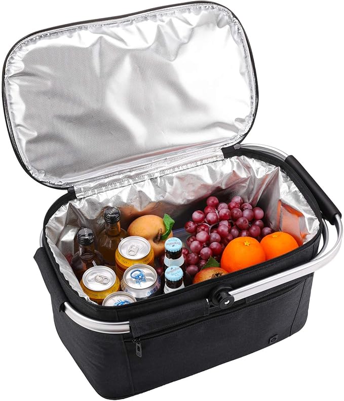 ALLCAMP Large Picnic Basket 32L Shopping Basket Grocery Bags Folding Insulated Strong Aluminum Frame Market Basket(Large Jet Black)