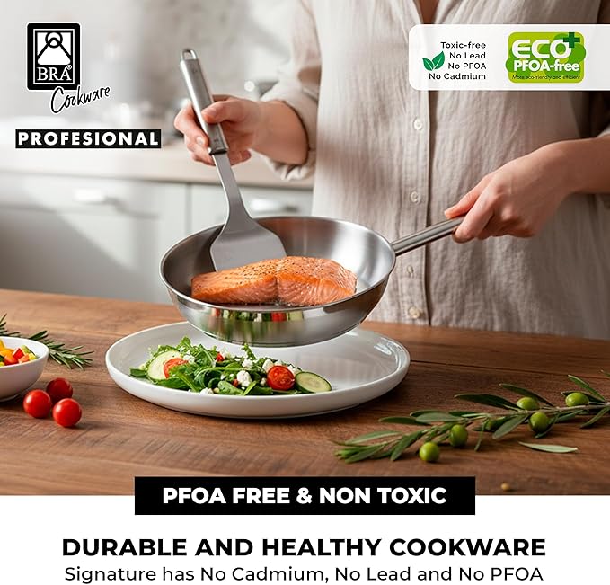 BRA COOKWARE Profesional Frying Pan | 8 inches Professional Skillet | Stainless Steel Pan w/o Non-Stick Coating | All Stovetop Compatible - Full Induction Skillet | 100% FOA Free | Brushed Finish