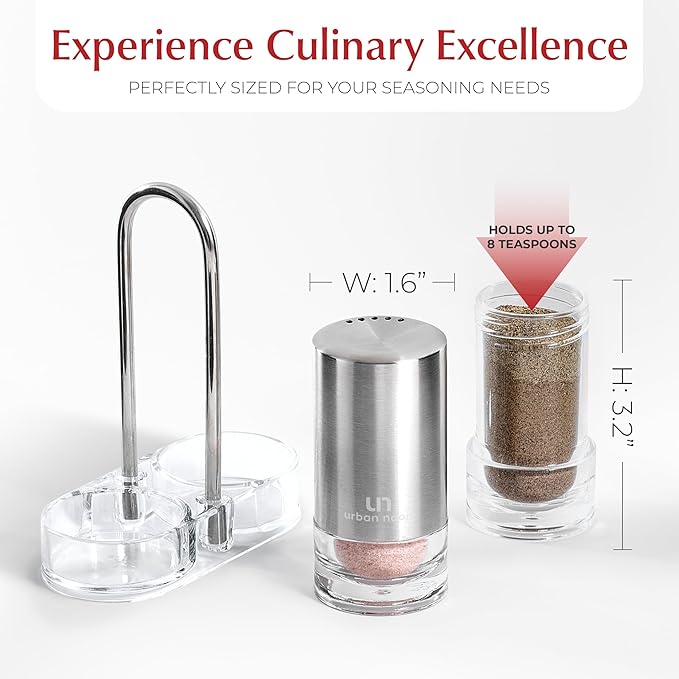 Salt and Pepper Shakers with Holder - Elegant Stainless Steel Salt Shaker and Pepper Shaker Set with Acrylic Holder for Kitchen Counter or Restaurant Table