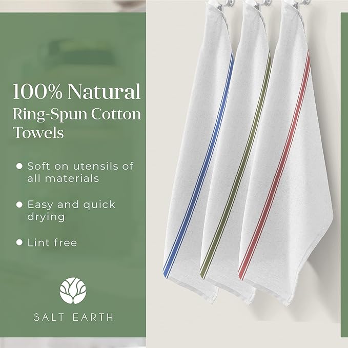 Salt Earth Kitchen Towels Cotton Dish Towel Size 24x14 Inches Set of 6 100% Ring Spun Cotton Absorbent Quick Dry Herringbone Weave Lint Free Washable Dishcloth Hanging Loop Multiple Color Stripe